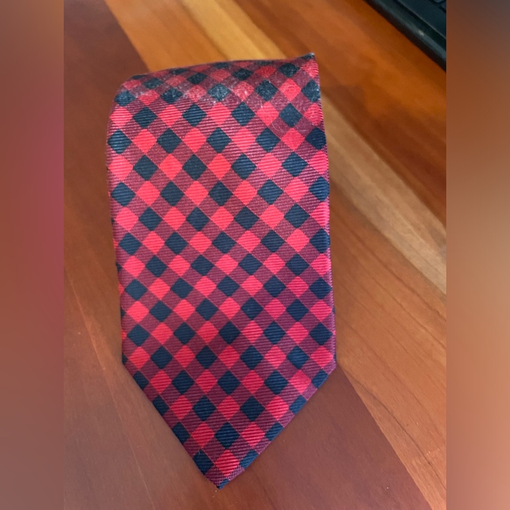 Lauren Ralph Lauren Silk Necktie Tie Red Black Check USA Hand Finished EUC